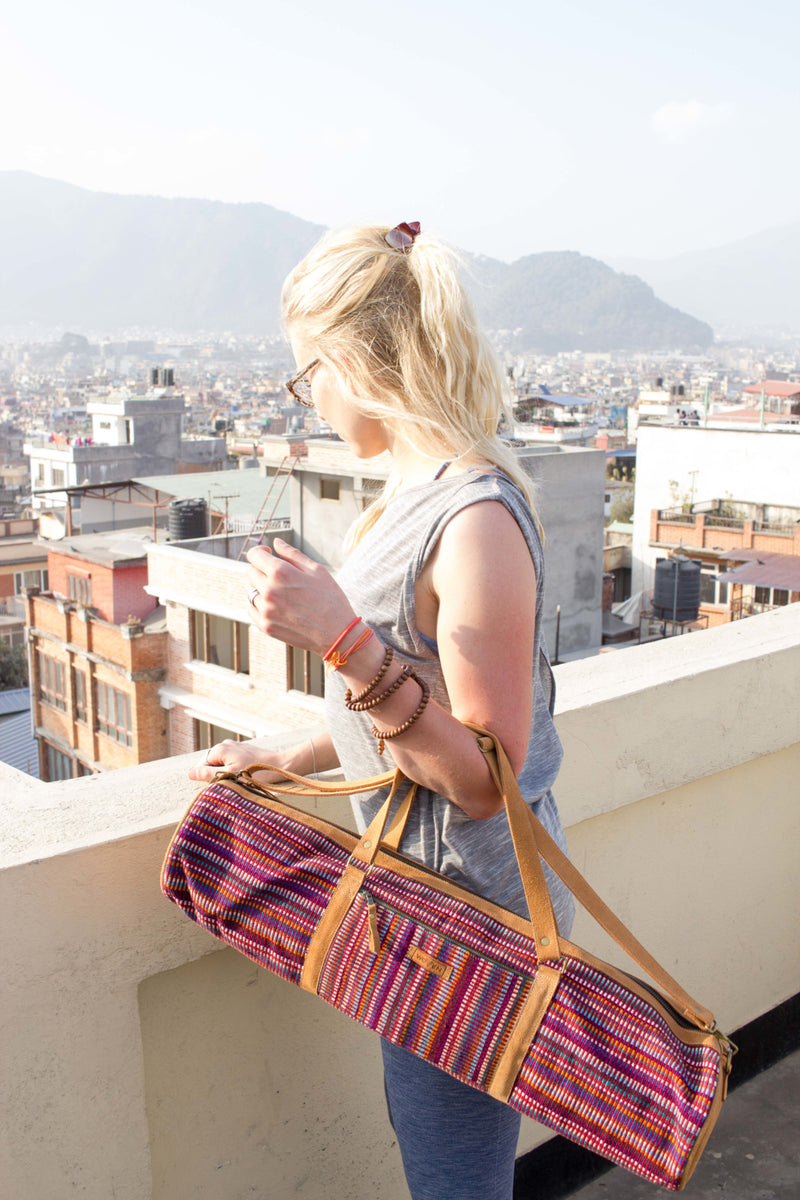 MUNIMUNI Aasha Zip Yoga Mat Bag by Woven Purple Recycle Pattern