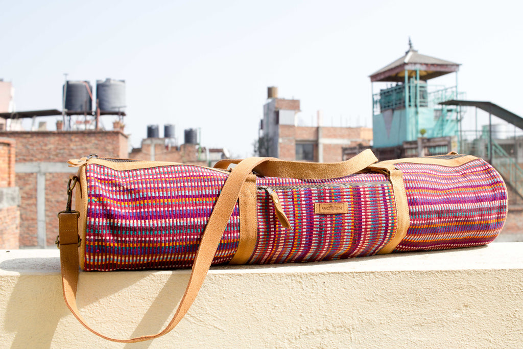MUNIMUNI Aasha Zip Yoga Mat Bag by Woven - Purple Recycle Pattern