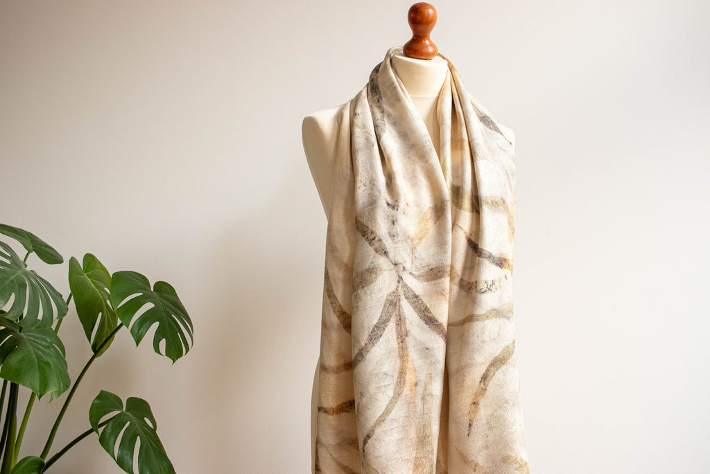 Eco-Printed Silk Leaf Scarf Long Leaves