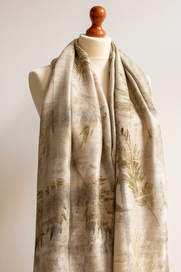 Eco-Printed Silk Leaf Scarf - Green & Grey Leaves - MuniMuni