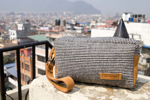 Make-Up Bag - Black/ White Finer Stripe Pattern - MuniMuni