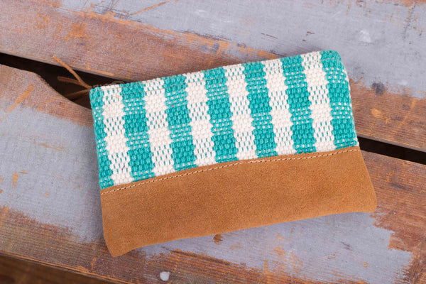 Zip Purse Small -  Turquoise/ White Wider Check Pattern - MuniMuni