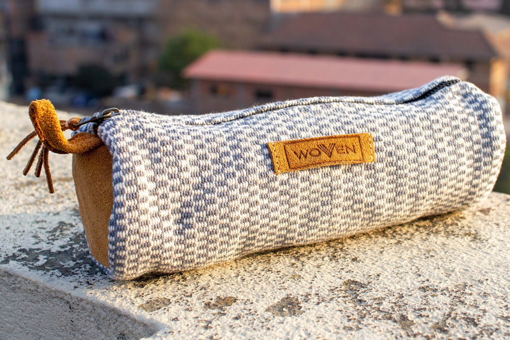 Pencil Case - Light Blue/ White Fine Pattern - MuniMuni