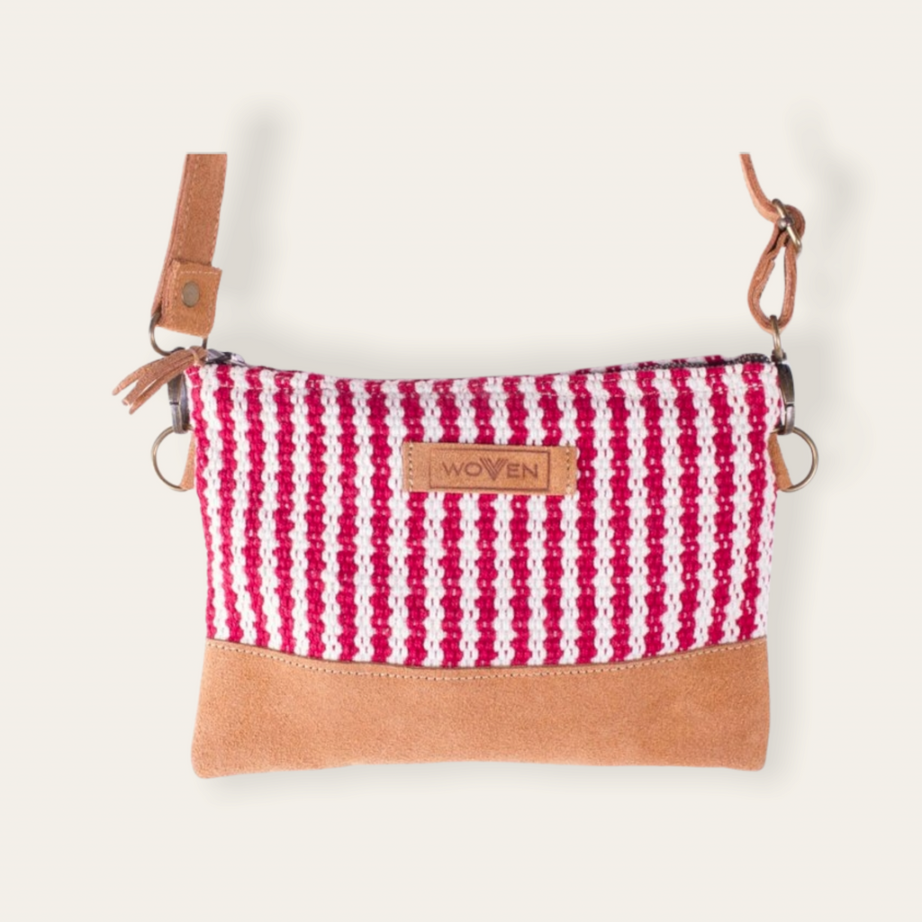 Zip Purse Large with Shoulder Strap - Red/ White Thicker Stripe