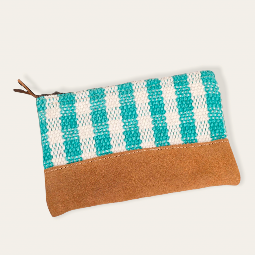 Zip Purse Small -  Turquoise/ White Wider Check Pattern