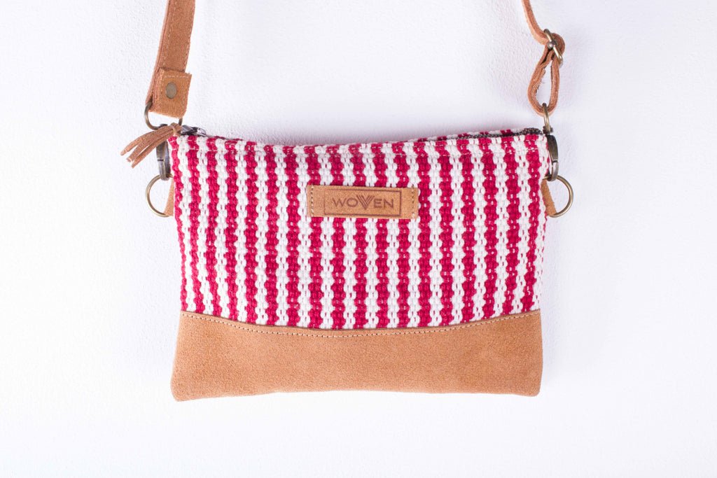 Zip Purse Large with Shoulder Strap - Red/ White Thicker Stripe - MuniMuni