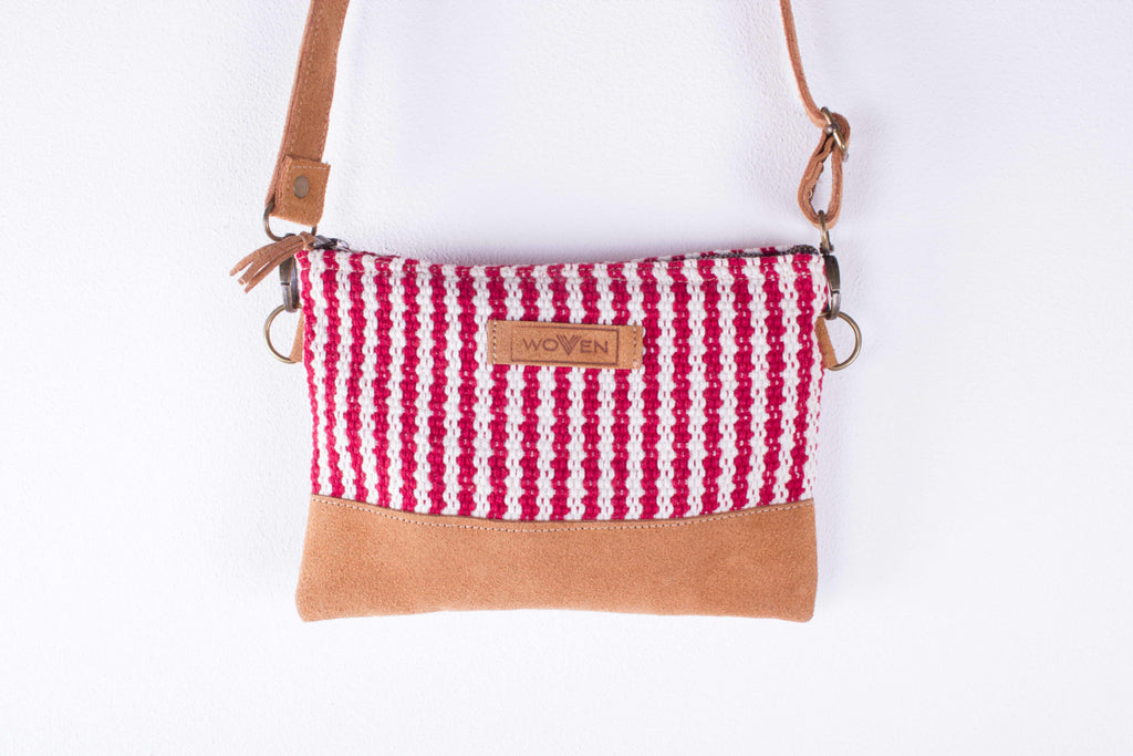 Zip Purse Large with Shoulder Strap Red White Thicker Stripe